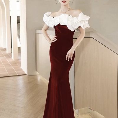 White and burgundy velvet long mermaid prom party dress - Thumbnail 1