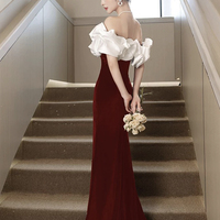 White and Burgundy Velvet Long Mermaid Prom Party Dress - Thumbnail 2