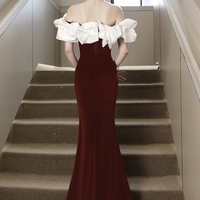White and Burgundy Velvet Long Mermaid Prom Party Dress - Thumbnail 3