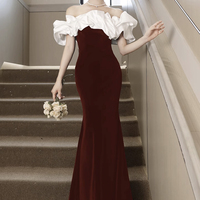 White and Burgundy Velvet Long Mermaid Prom Party Dress - Thumbnail 1
