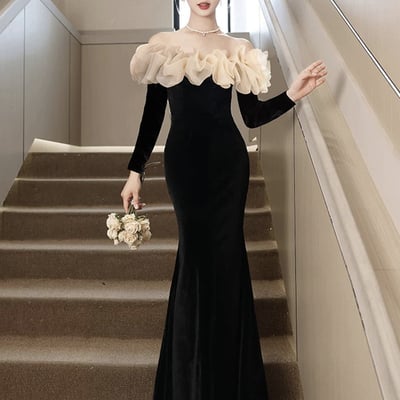 Black mermaid velvet long sleeve prom party dress