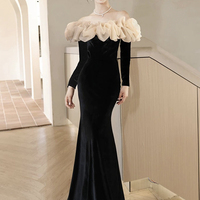 Black Mermaid Velvet Long Sleeve Prom Party Dress - Thumbnail 1