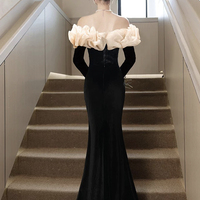 Black Mermaid Velvet Long Sleeve Prom Party Dress - Thumbnail 2