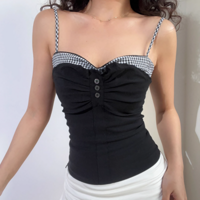 Retro plaid placket button fake two-piece slim-fit top sexy small camisole