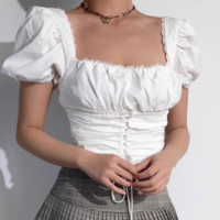 Square Neck Puff Sleeve White Sexy Short Navel-Baring Waist Shirt - Thumbnail 1