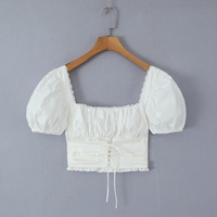 Square Neck Puff Sleeve White Sexy Short Navel-Baring Waist Shirt - Thumbnail 3
