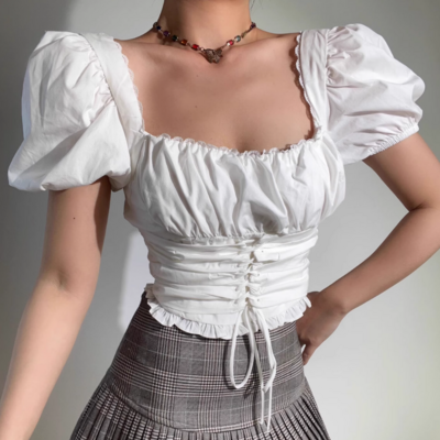 Square neck puff sleeve white sexy short navel-baring waist shirt