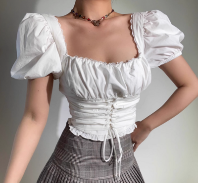 Square Neck Puff Sleeve White Sexy Short Navel-Baring Waist Shirt