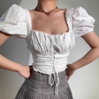 Square Neck Puff Sleeve White Sexy Short Navel-Baring Waist Shirt - Thumbnail 4