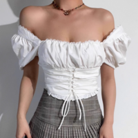 Square Neck Puff Sleeve White Sexy Short Navel-Baring Waist Shirt - Thumbnail 5