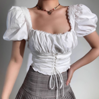 Square Neck Puff Sleeve White Sexy Short Navel-Baring Waist Shirt - Thumbnail 6