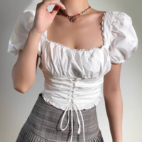 Square Neck Puff Sleeve White Sexy Short Navel-Baring Waist Shirt - Thumbnail 7