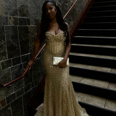 Mermaid gold sequin long prom evening dresses