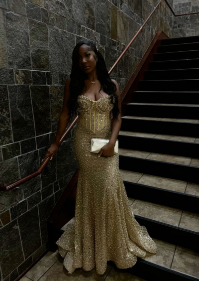 Mermaid Gold Sequin Long Prom Evening Dresses