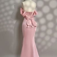 Off Shoulder Long Pink Satin Prom Dresses - Thumbnail 1