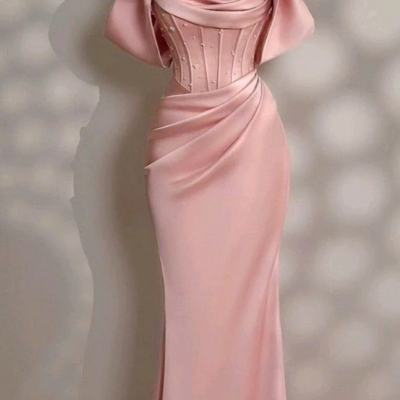 Off shoulder long pink satin prom dresses