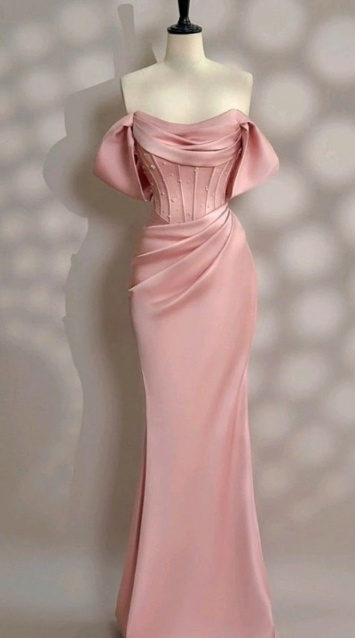 Off Shoulder Long Pink Satin Prom Dresses