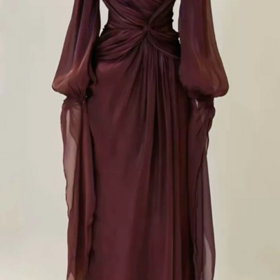A line burgundy long sleeve evening dresses
