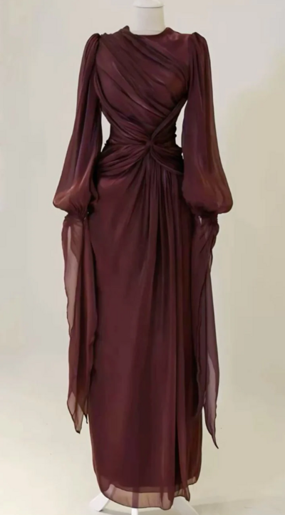 A Line Burgundy Long Sleeve Evening Dresses