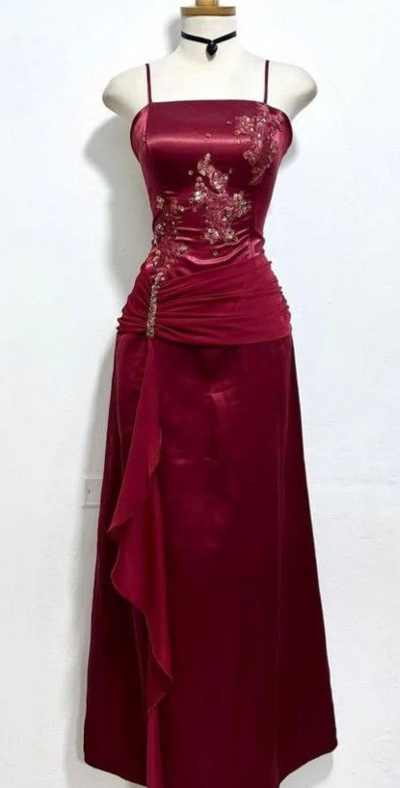Straps Burgundy Velvet Prom Dress With Beading