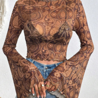 Women'S Mesh Printed Round Neck Flared Sleeve Long Sleeved T-Shirt - Thumbnail 1