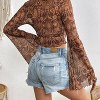 Women'S Mesh Printed Round Neck Flared Sleeve Long Sleeved T-Shirt - Thumbnail 2