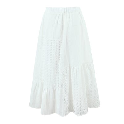 Retro style elegant temperament hollow hook flower elastic waist white long skirt
