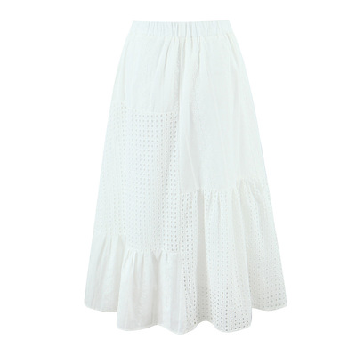 Retro style elegant temperament hollow hook flower elastic waist white long skirt