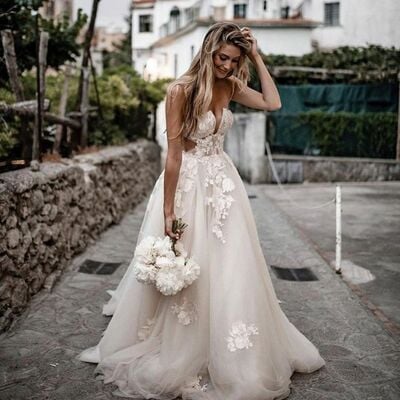 Sexy  appliques lace tulle bridal gown wedding dress