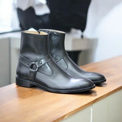 Handmade men's black harness boot, zipper leather boot
