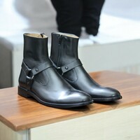 Handmade Men's Black Harness Boot, Zipper Leather Boot - Thumbnail 2