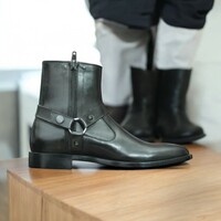 Handmade Men's Black Harness Boot, Zipper Leather Boot - Thumbnail 1