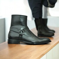 Handmade Men's Black Harness Boot, Zipper Leather Boot - Thumbnail 4