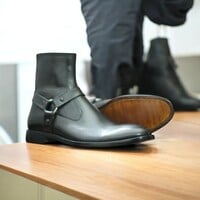 Handmade Men's Black Harness Boot, Zipper Leather Boot - Thumbnail 5