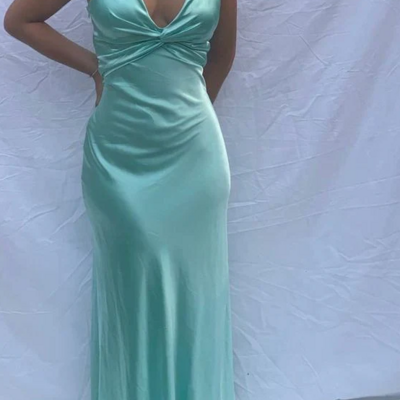 Sexy v neck blue long backless prom dresses - Thumbnail 2