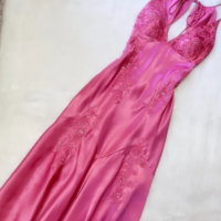 Chic Spaghetti Straps Pink V Neck Satin Evening Dresses - Thumbnail 1