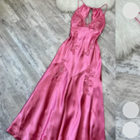 Chic Spaghetti Straps Pink V Neck Satin Evening Dresses - Thumbnail 2