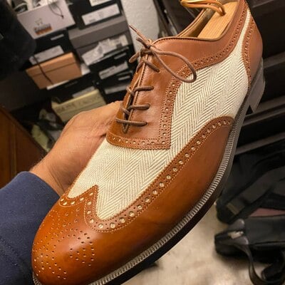 Handmade men's extraordinary structure brown with tweed cultural wingtip lace up shoes wedding edition