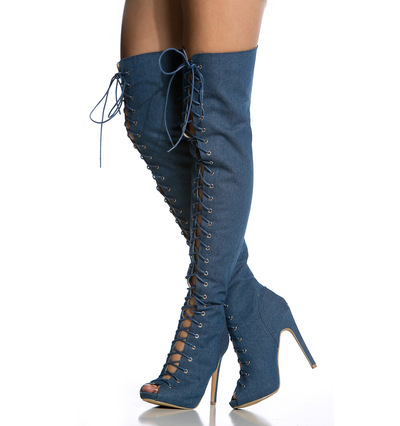 Women's denim boots peep toe high heel over the knee boots