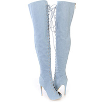 Women's denim boots peep toe high heel over the knee boots - Thumbnail 1