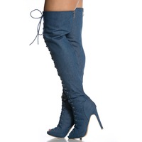 Women's denim boots peep toe high heel over the knee boots - Thumbnail 3