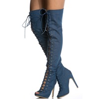 Women's denim boots peep toe high heel over the knee boots - Thumbnail 4