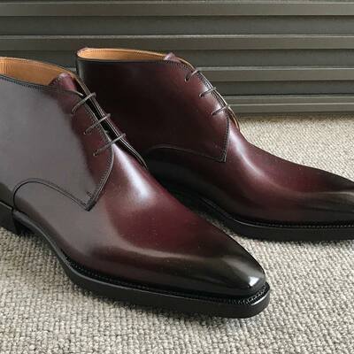Handmade men burgundy patina leather chukka lace up boot - Thumbnail 3