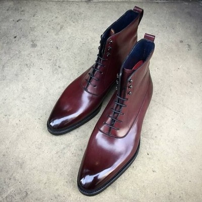 Handmade men burgundy patina leather ankle high boot - Thumbnail 2