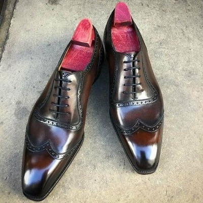 Handmade men brown patina leather wingtip oxford lace up dress shoes - Thumbnail 3