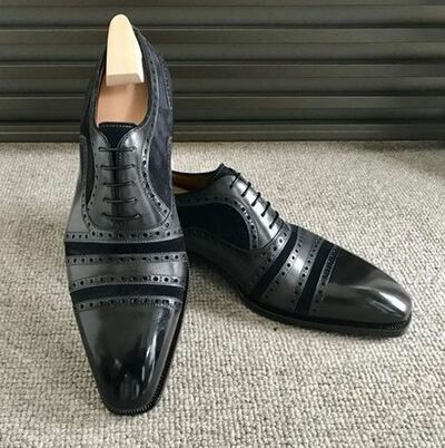 Handmade Men Black Patina Suede Leather Oxford Lace up Dress Shoes