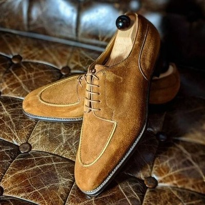 Handmade men brown suede leather oxford dress shoes - Thumbnail 2