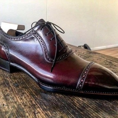 Handmade men burgundy patina leather dress shoes - Thumbnail 2