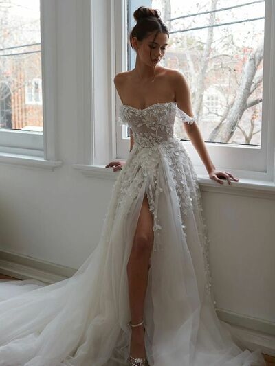 Simple A Line Lace Off the Shoulder Beach Boho Wedding Dress Bridal Gown Wedding Gown