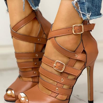 Women's stiletto high heel rivet multi-buckle sandals